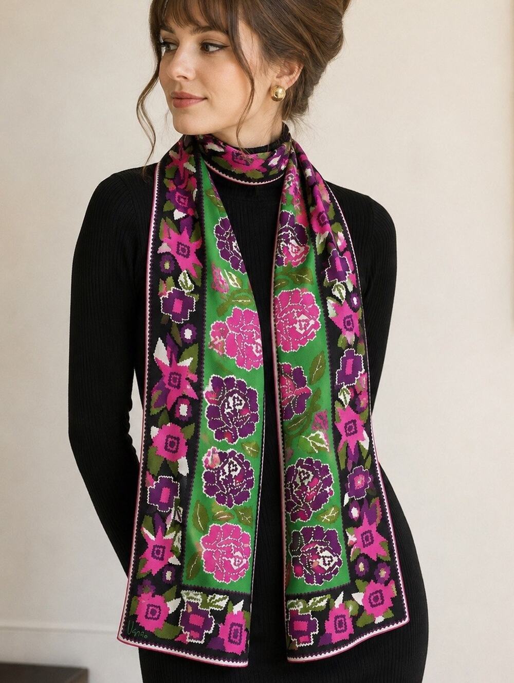 Vintage Vera Neumann Scarf Long Floral Pink Green Purple Signed 44 x 14